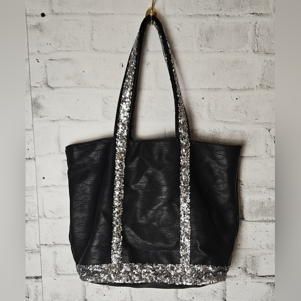 Bliss Black Faux Leather Tote Bag Silver Sequin Trim Glam Shoulder Bag - Picture 2 of 7